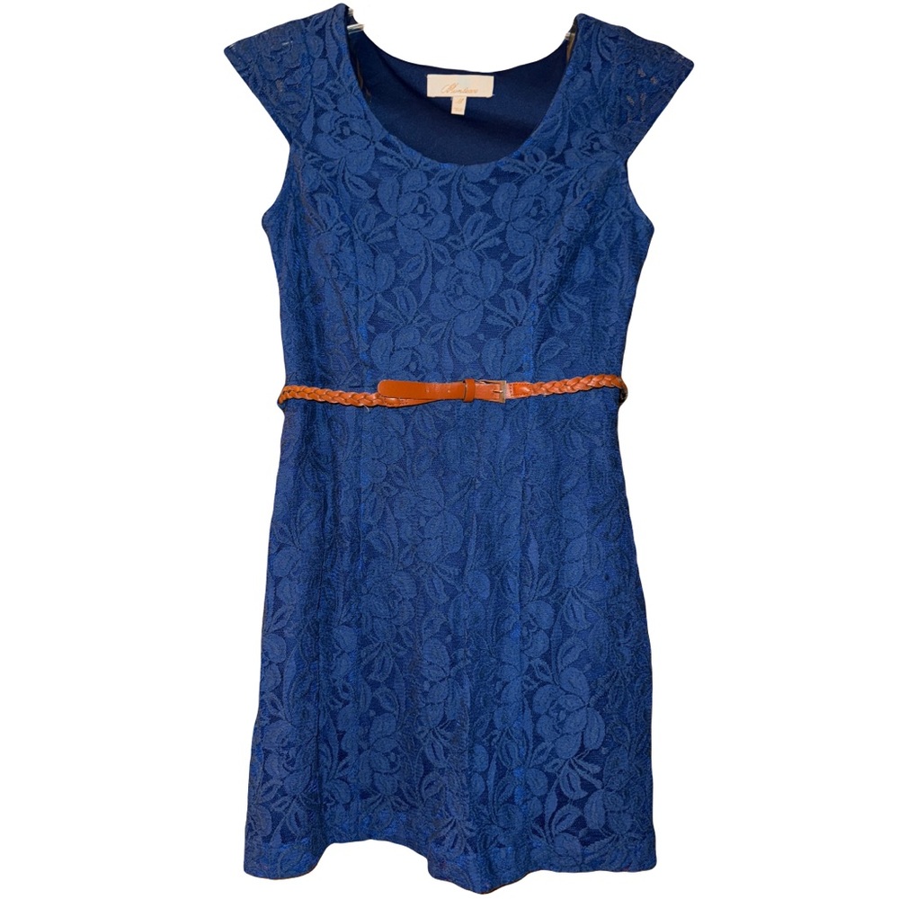 Blue Lace Cap Sleeve Dress w/ Brown Braided Belt